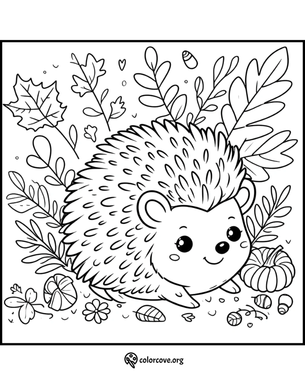 Cute hedgehog coloring page with autumn leaves and acorns. Perfect for kids' fall theme activity. Download and print free!