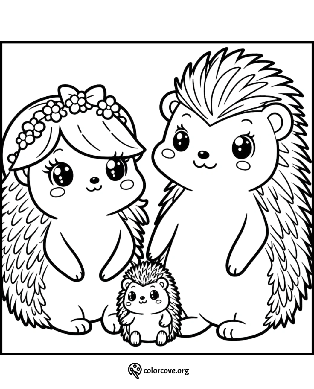 Coloring page featuring a cute hedgehog family with a baby hedgehog. Print and color this adorable hedgehog family scene.