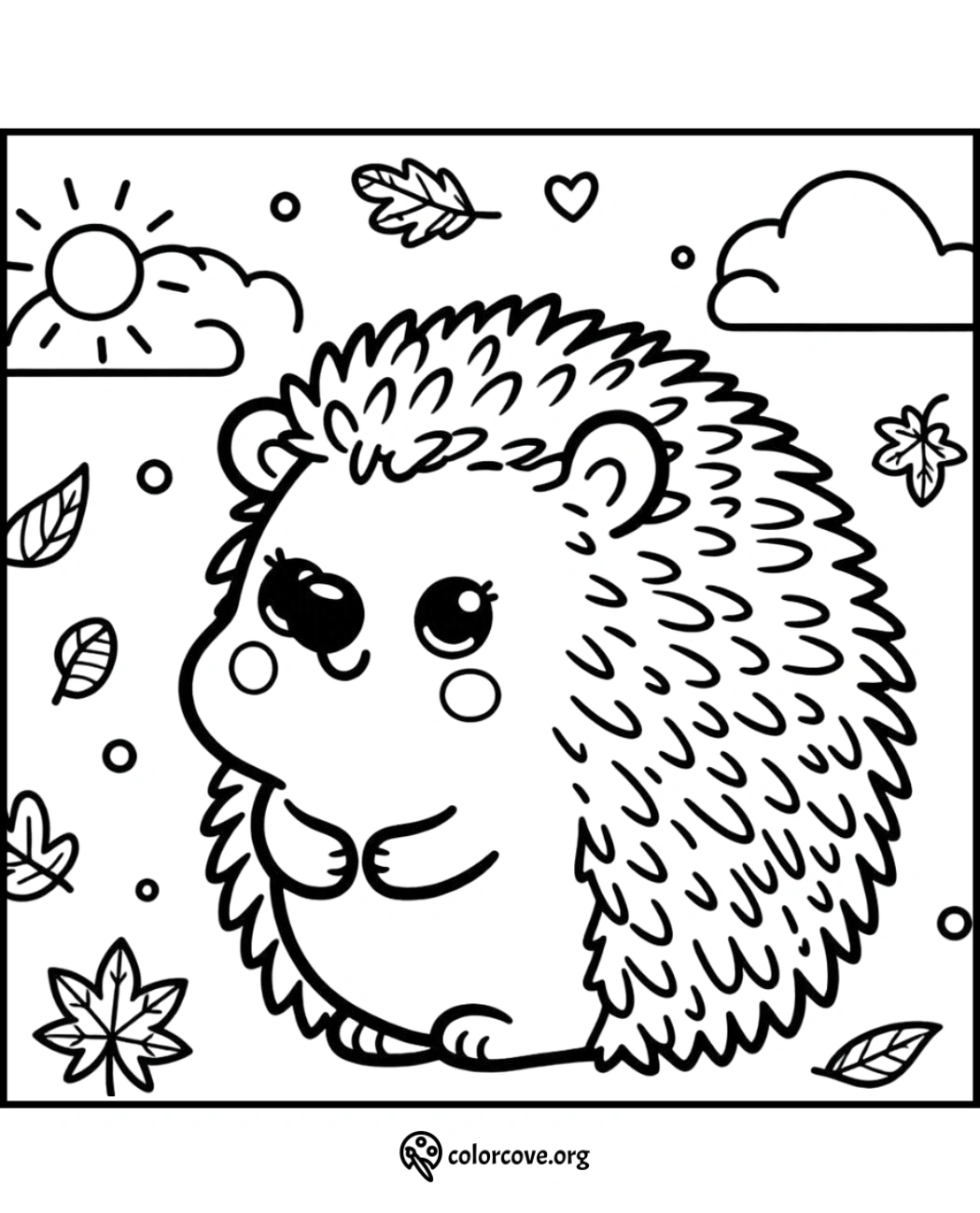 Cute hedgehog coloring page for kids with a sun, clouds, and falling leaves. Perfect fall-themed printable activity.