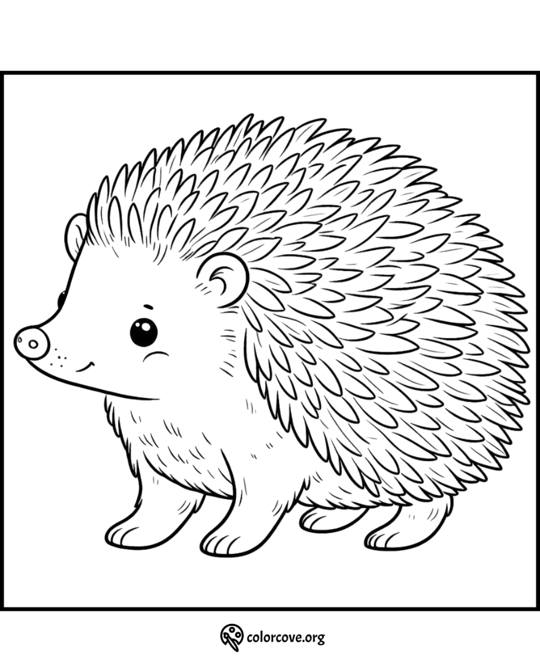 Cute hedgehog coloring page with detailed spikes and a happy expression for kids to color. Perfect for animal-themed activities.