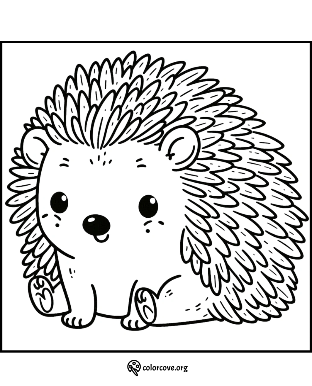 Coloring page of a cute hedgehog with big eyes and spiky fur, designed for kids and adults to color. Download and print.