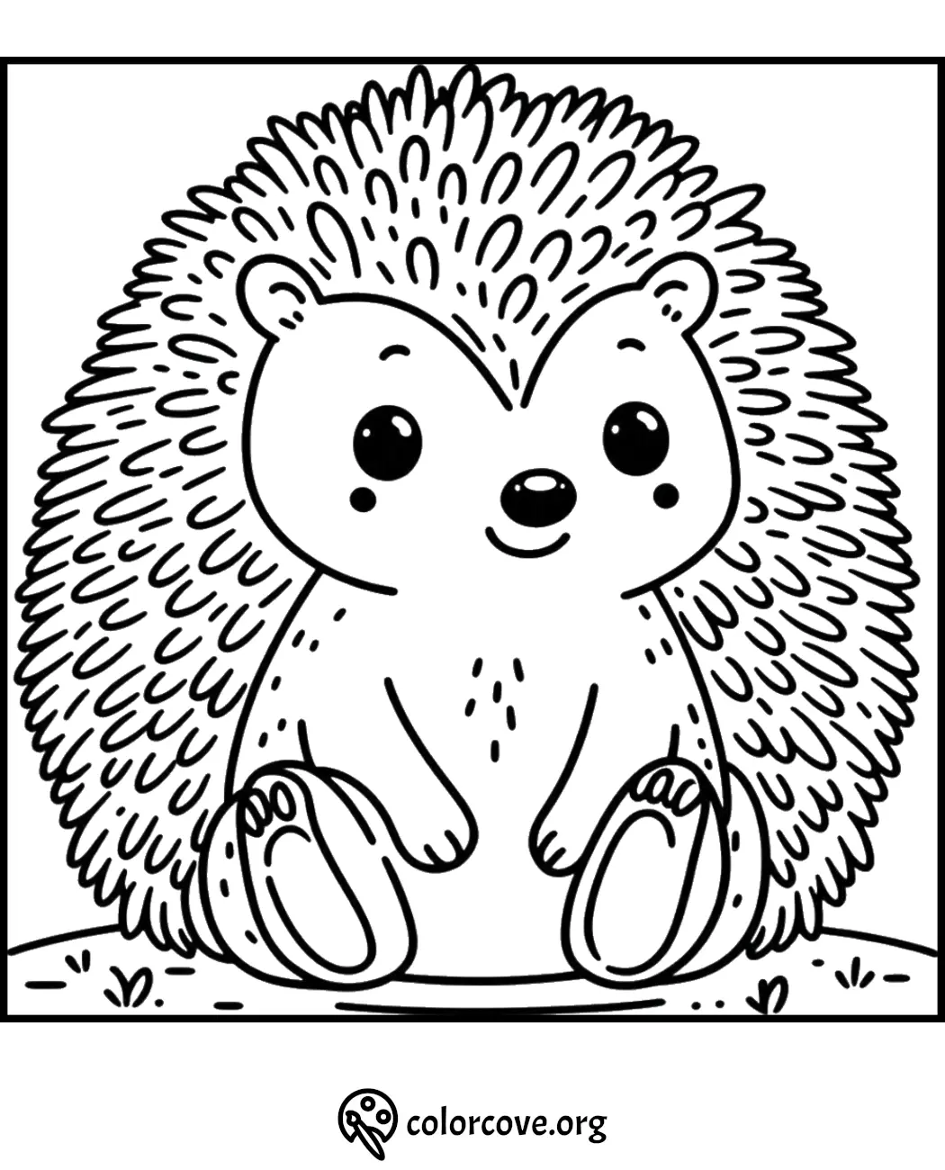 Cute hedgehog coloring page for kids featuring an adorable hedgehog with big eyes and tiny feet. Great for printing and coloring.