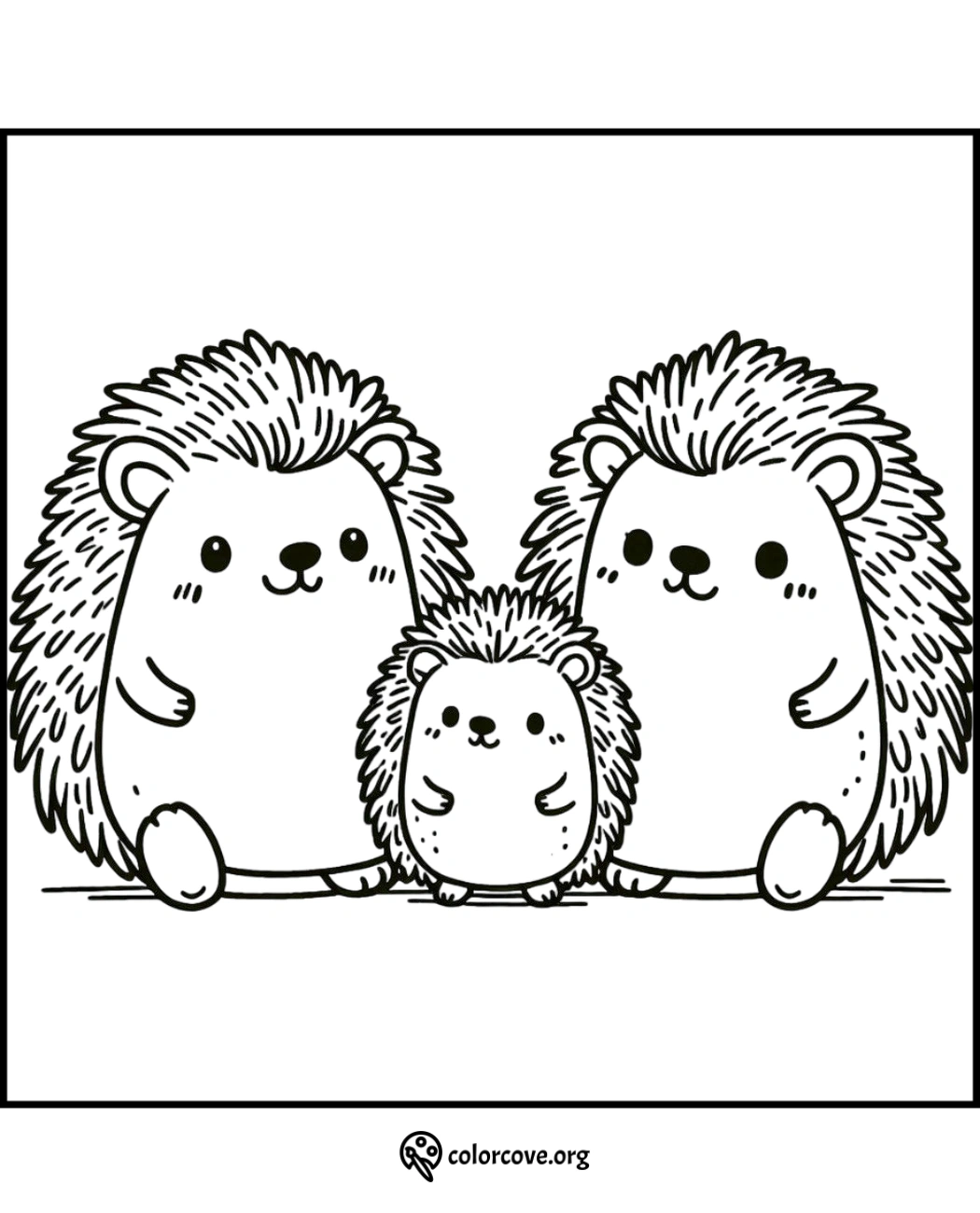 Adorable hedgehog family coloring page featuring a baby hedgehog with parents. Perfect for kids to color and enjoy!