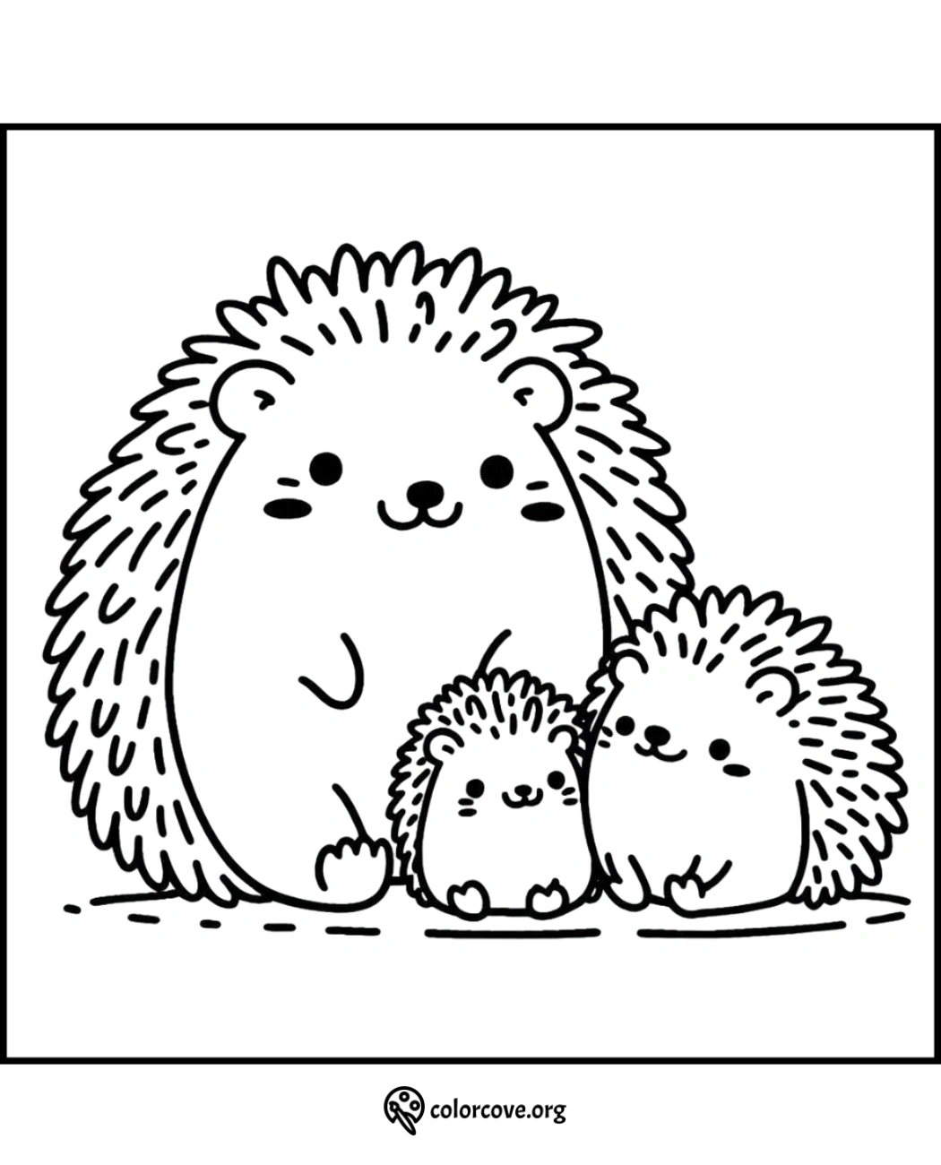 Cute hedgehog family coloring page with parent and two baby hedgehogs from colorcove.org. Perfect for kids and adults.