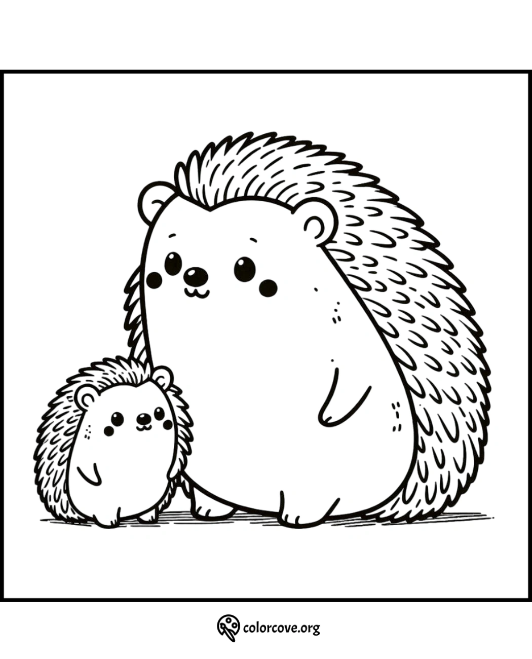 Cute hedgehog family coloring page, featuring an adorable baby and parent hedgehog. Perfect for kids and adults.