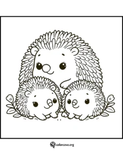 Cute hedgehog family coloring page for kids featuring three happy hedgehogs with leaves, printable and fun to color.