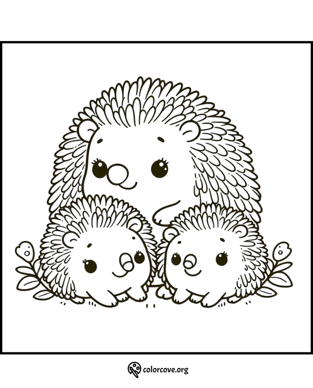 Cute hedgehog family coloring page for kids featuring three happy hedgehogs with leaves, printable and fun to color.