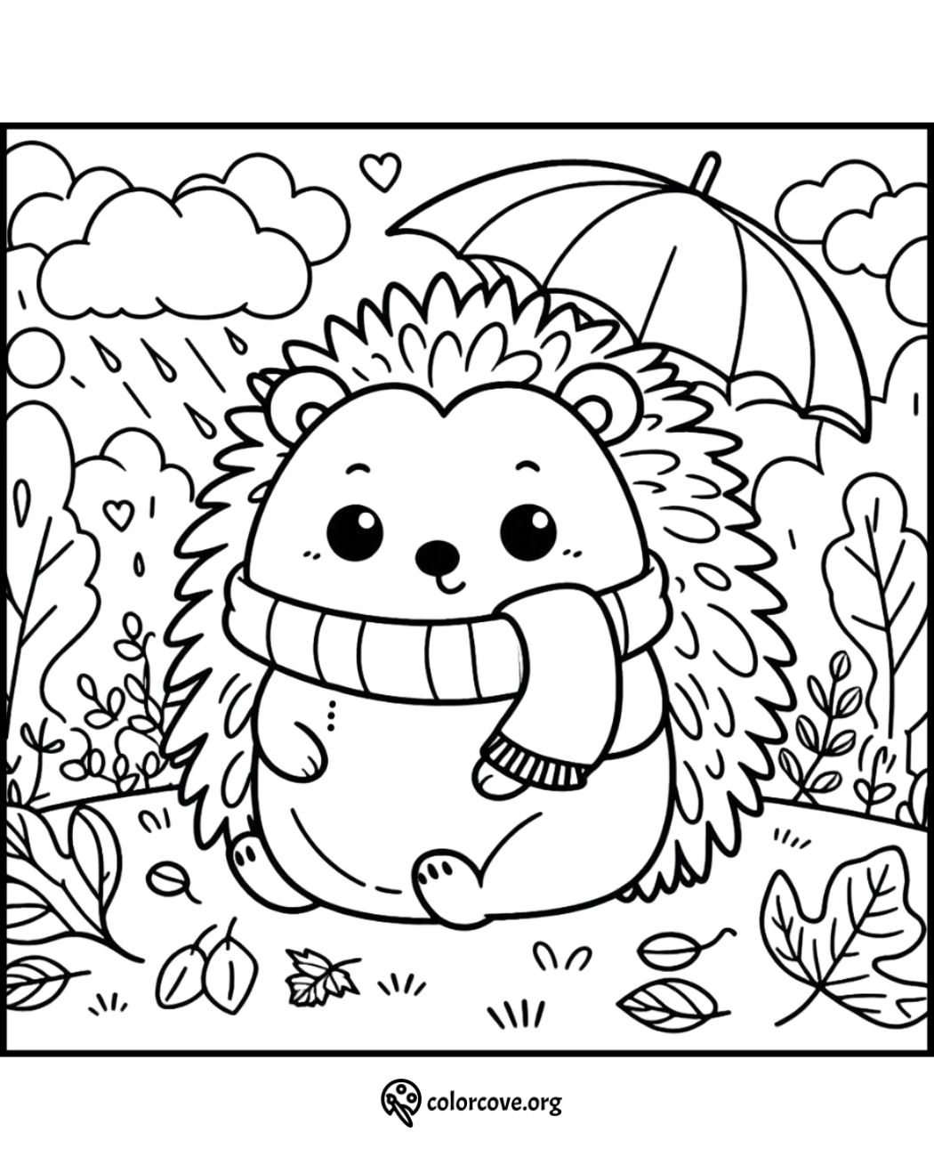 Cute hedgehog coloring page, hedgehog with a scarf sitting under an umbrella in a rainy forest scene, perfect for kids.