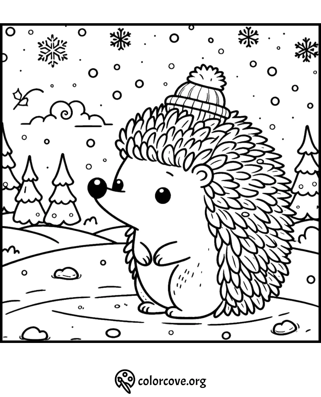 Winter hedgehog coloring page with snowflakes, trees, and a cute hedgehog wearing a cozy hat. Perfect for kids' activities.