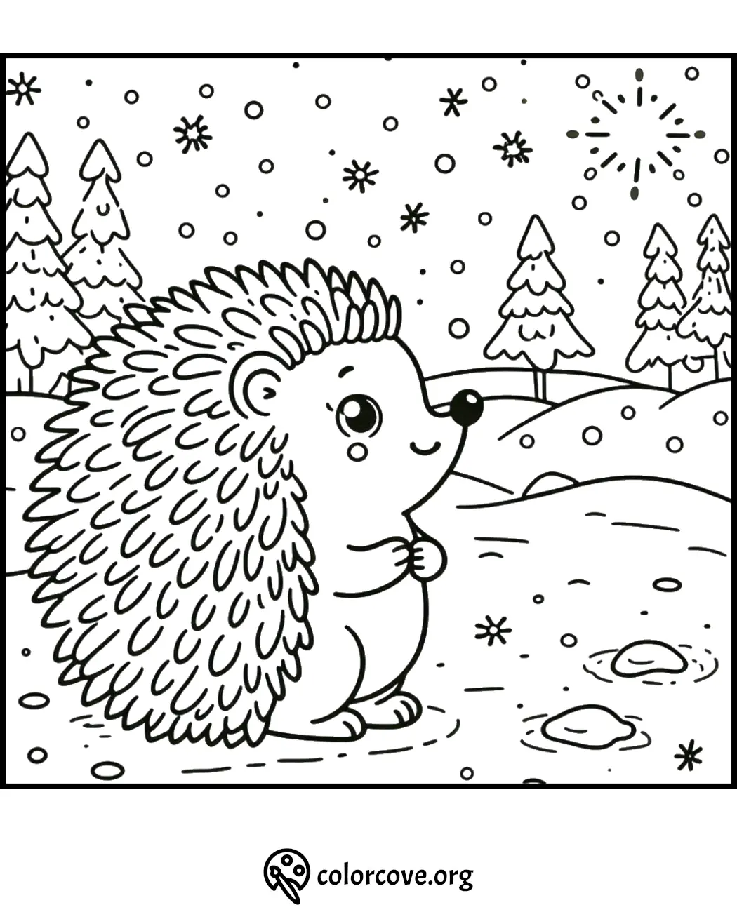 Cute hedgehog coloring page, nature scene with trees, snowflakes, and hedgehog. Perfect for kids' winter-themed crafts.