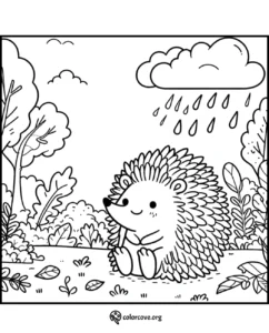 Cute hedgehog under rain in a forest coloring page for kids. Fun and educational printable activity for children.