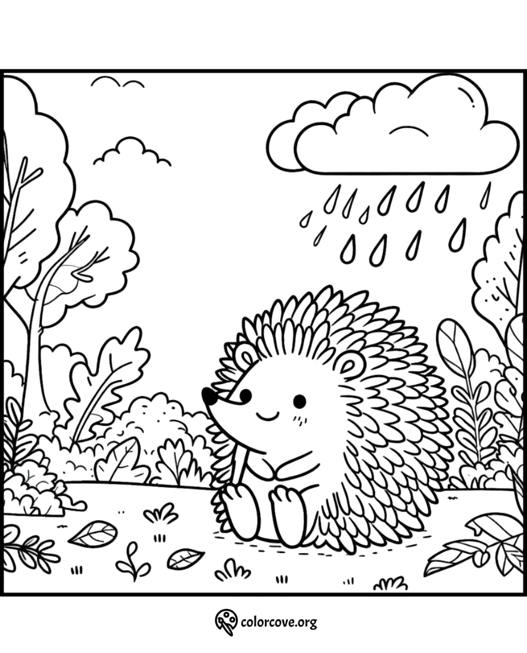 Cute hedgehog under rain in a forest coloring page for kids. Fun and educational printable activity for children.