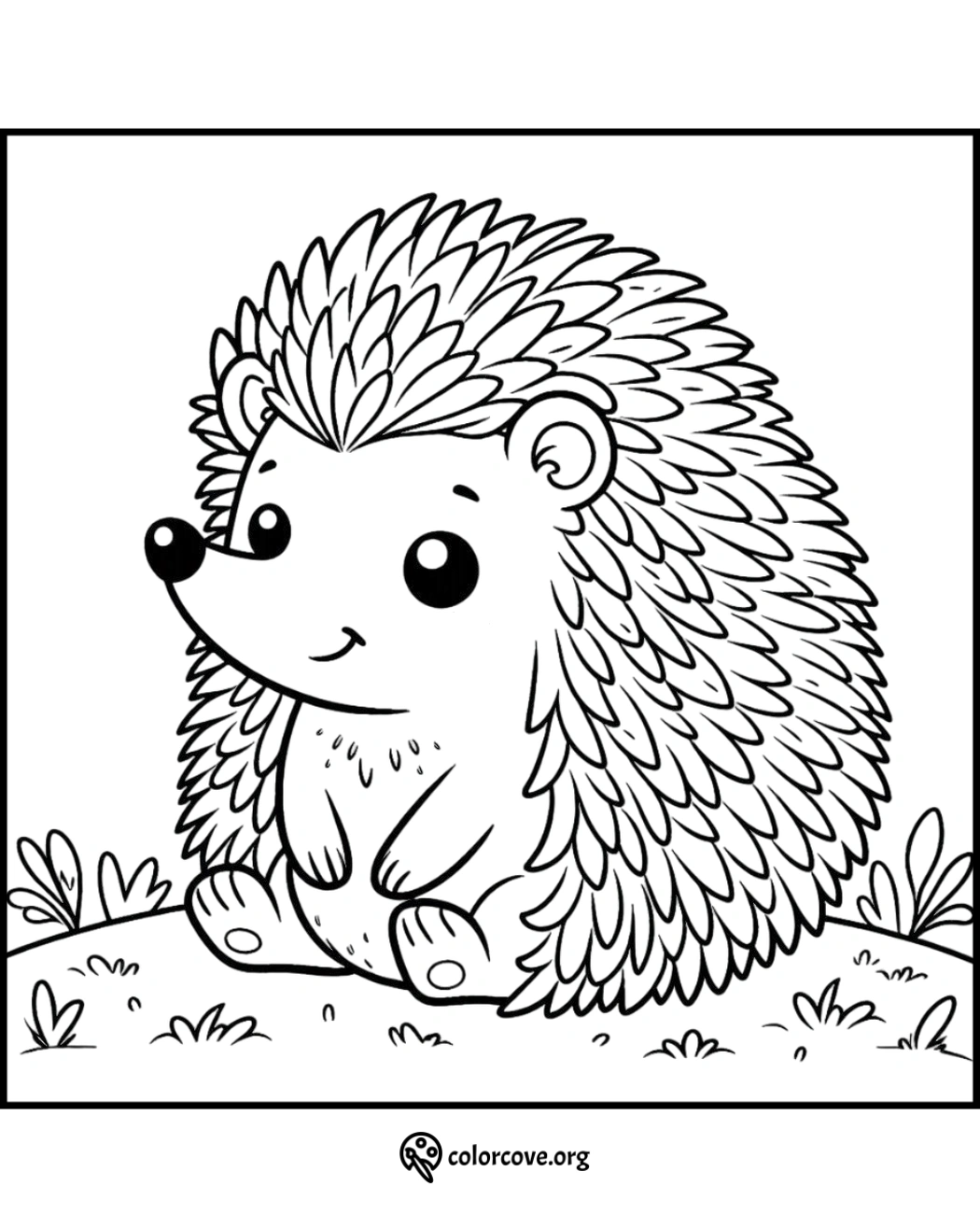 Cute hedgehog sitting on grass coloring page, printable illustration for kids and adults to color.