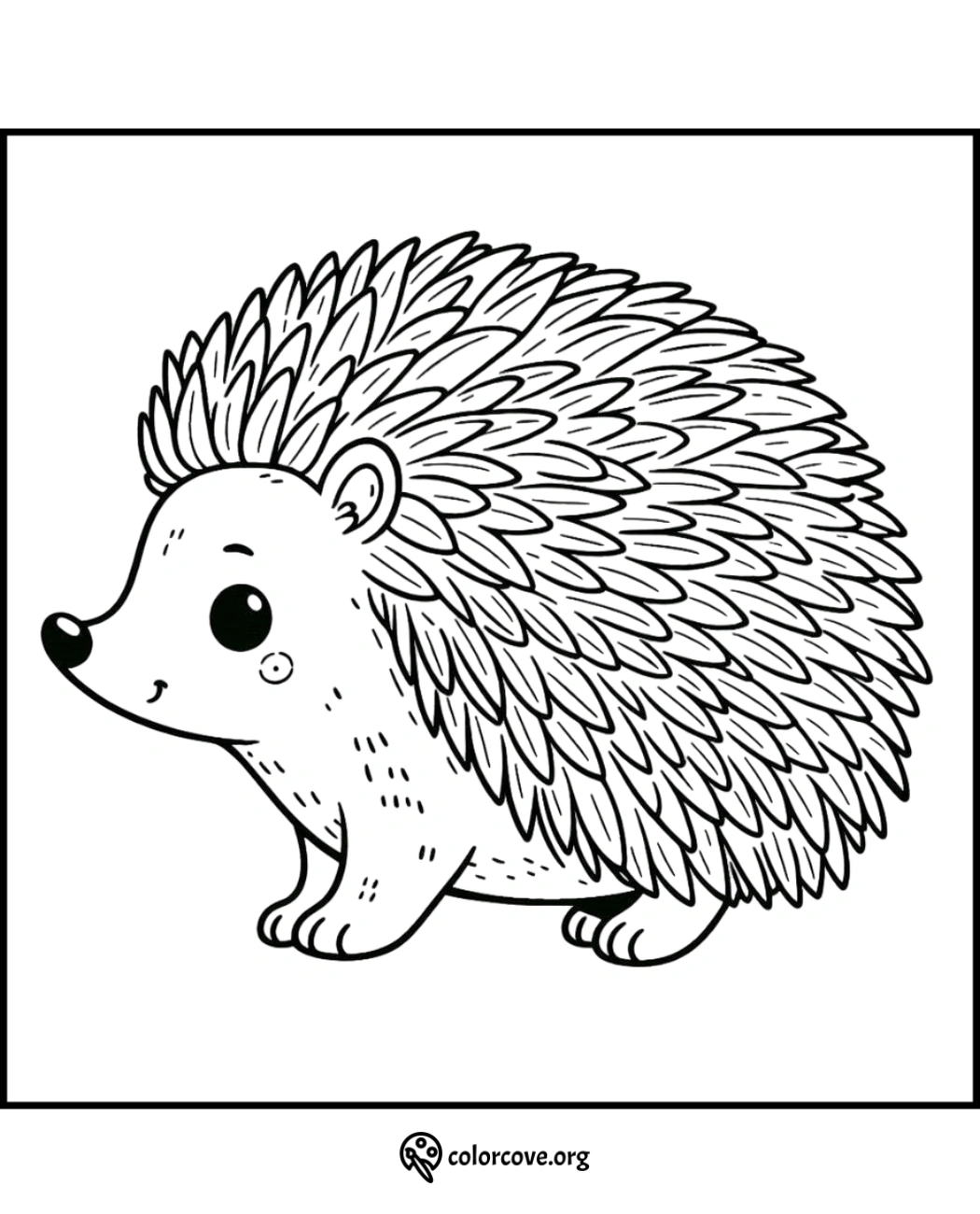 Cute hedgehog coloring page for kids and adults, featuring a spiky but friendly hedgehog illustration to color.