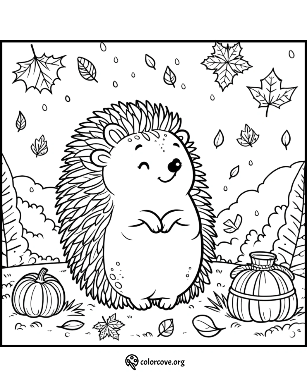 Cute hedgehog in autumn-themed coloring page with falling leaves, pumpkins, and a rustic background; perfect for kids.