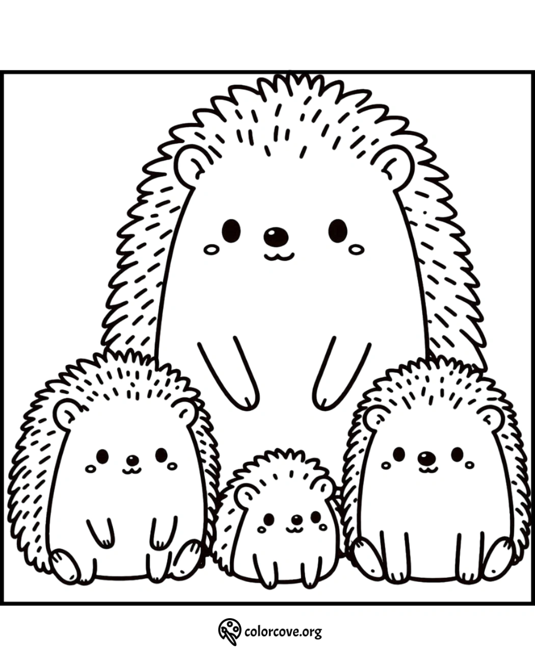 Adorable hedgehog family coloring page, featuring four cute hedgehogs in a line. Download and color at colorcove.org