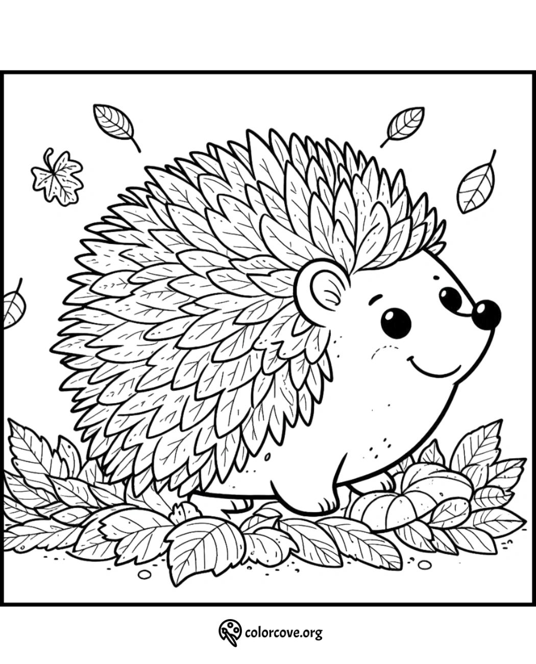 Cute hedgehog coloring page with detailed leaf patterns, perfect for kids and adults to enjoy and relax.