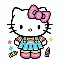 Cute cat character coloring page in colorful outfit with crayons and flowers, ideal for kids' art activities.