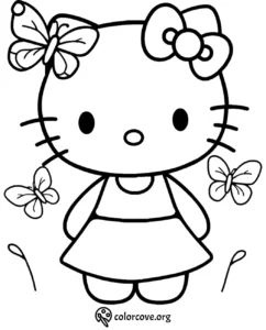 Cute cat character coloring page with bows and butterflies. Perfect for kids' creative coloring activities.