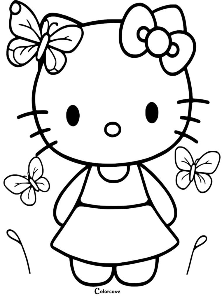 Hello Kitty with a butterfly on her head and two butterflies flying nearby in this free printable coloring page.