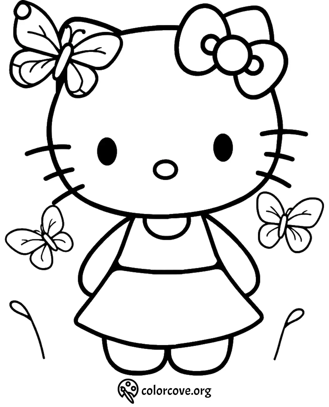 Cute cat character coloring page with bows and butterflies. Perfect for kids' creative coloring activities.