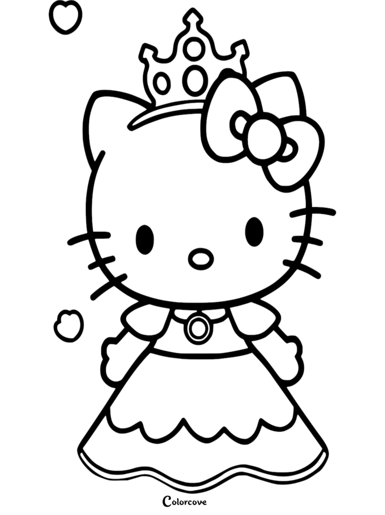 Hello Kitty wearing a crown and a princess dress in this free printable coloring page.