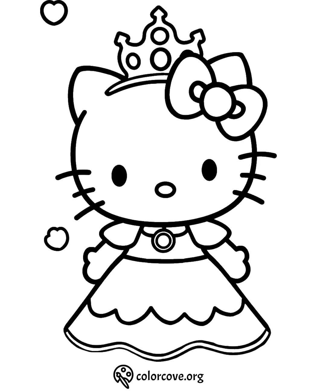 Princess-themed cat coloring page with crown and bow, perfect for kids' creative activities and imaginative play.