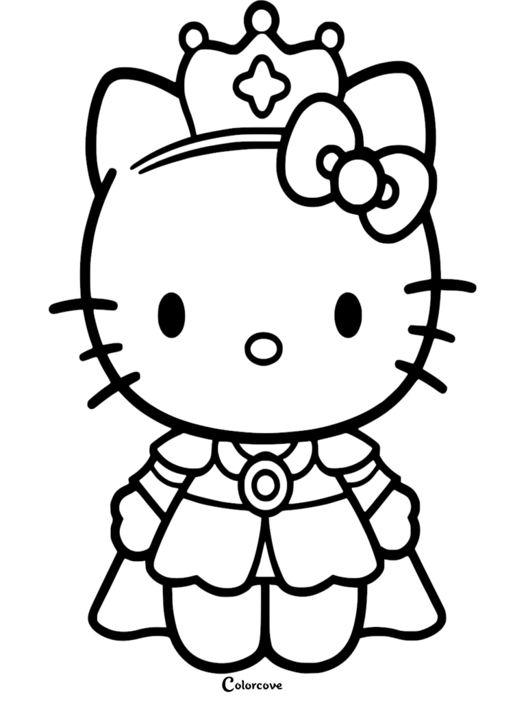 Hello Kitty wearing a royal crown and princess dress in this free printable coloring page.