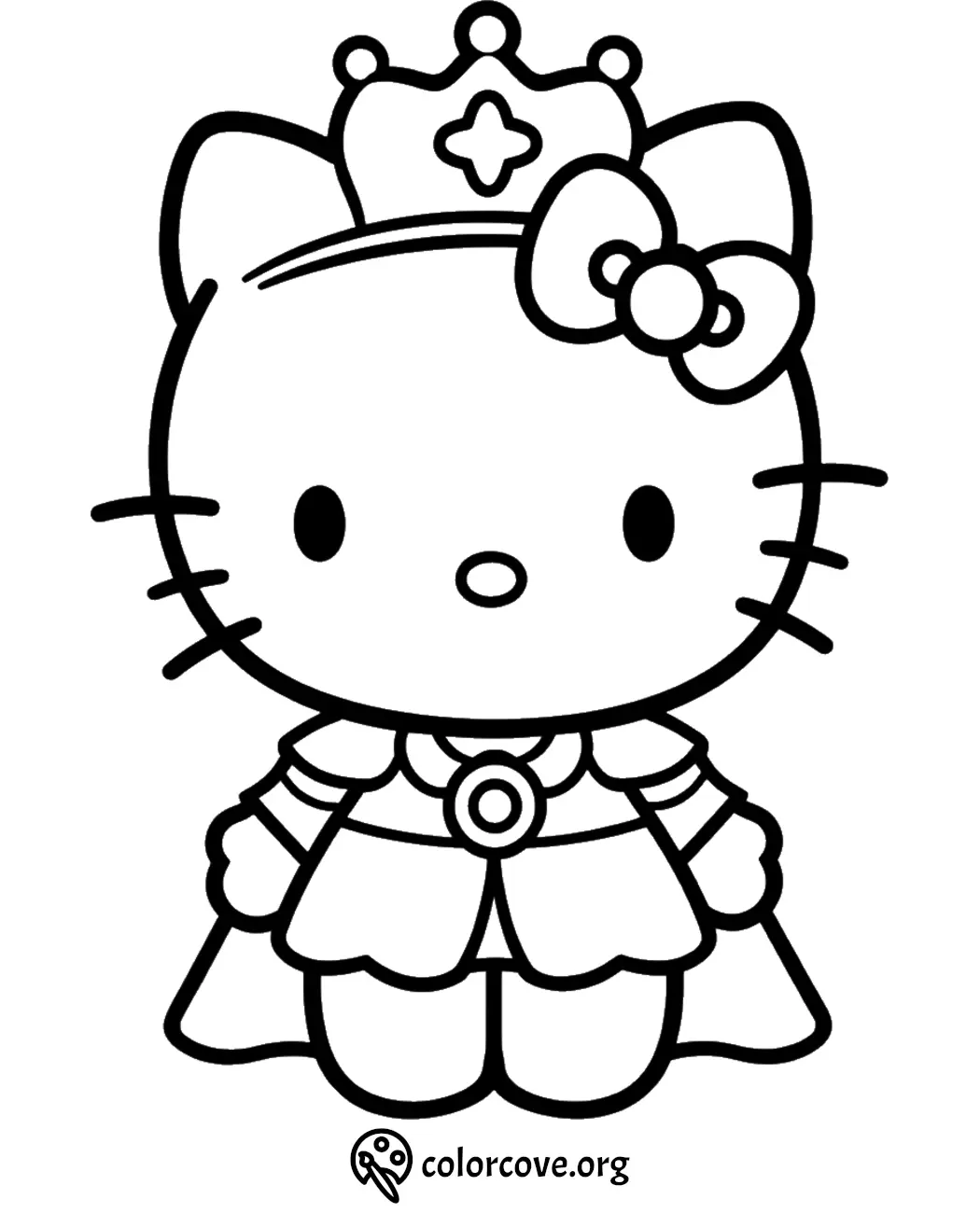 Cute cartoon cat in a princess costume with a crown and bow, coloring page for kids.