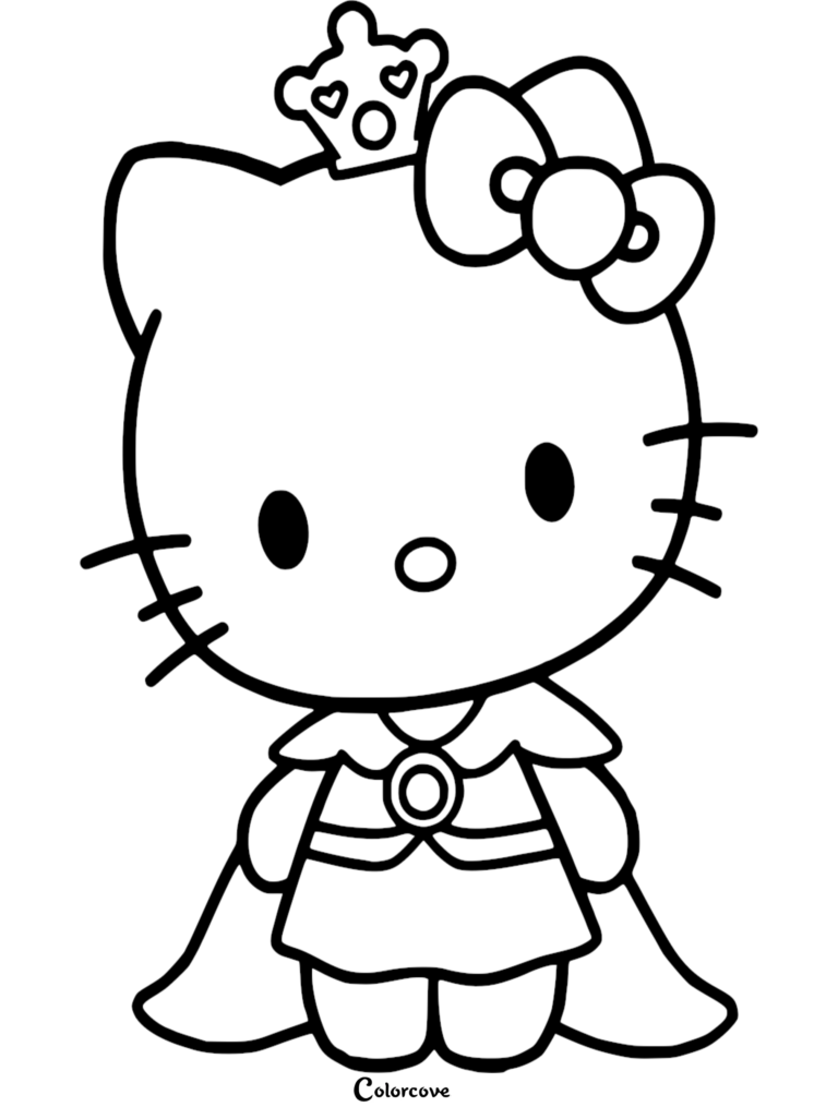Hello Kitty wearing a crown and royal cape in this printable coloring page.
