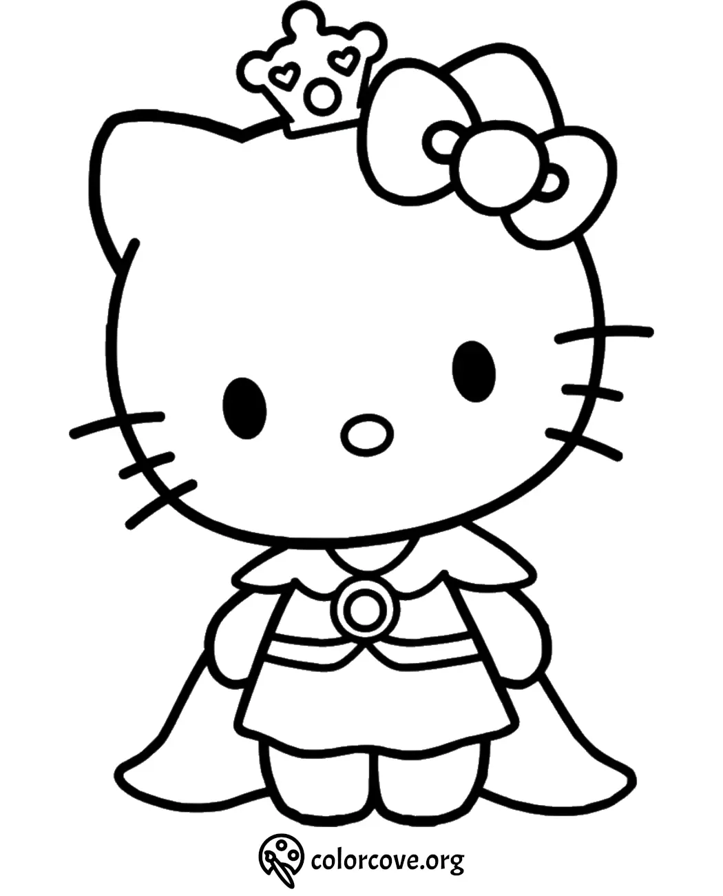 Cute cartoon cat coloring page with a crown and bow, wearing a cape and dress. Perfect for children's coloring fun.