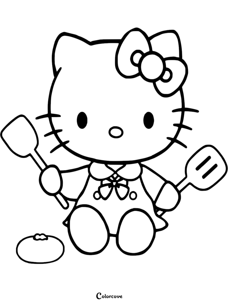 Hello Kitty holding two spatulas next to a small bun in this free printable coloring page.