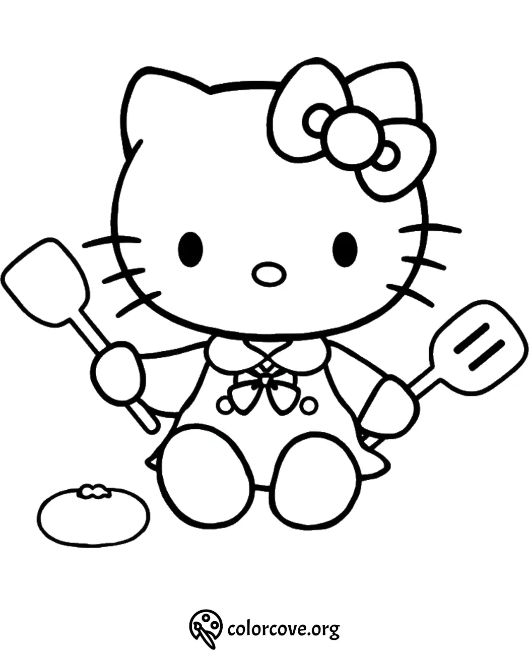 Cute cat character coloring page holding cooking utensils. Perfect for kids who love imaginative play and drawing.