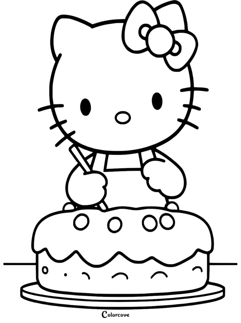 Hello Kitty wearing an apron and decorating a round cake with a piping bag, printable coloring page.
