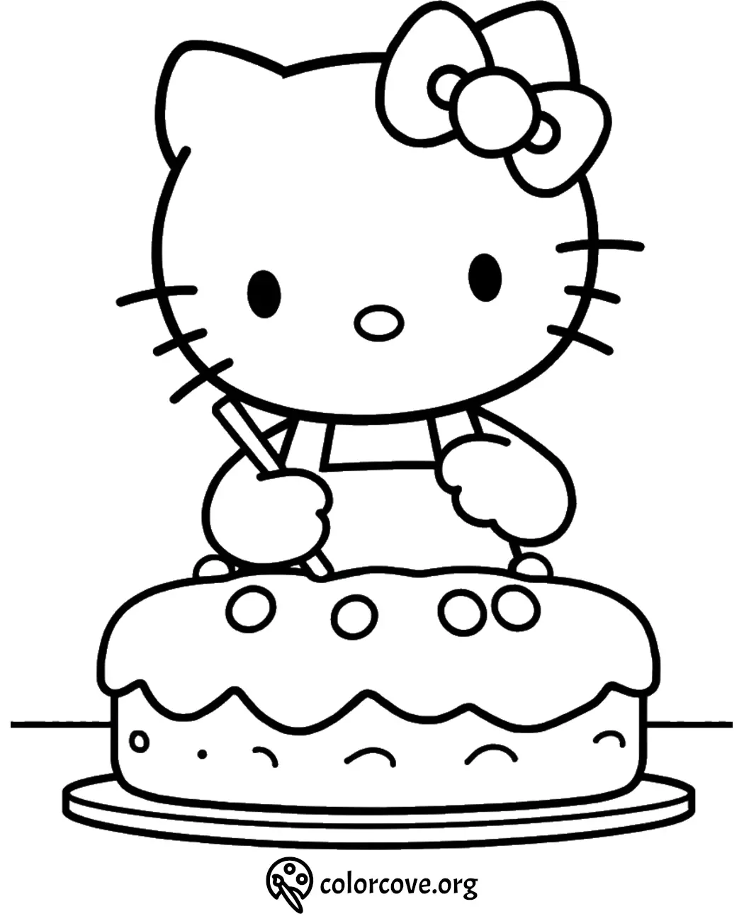 Cute cartoon cat character holding cutlery with a cake, coloring page for kids.