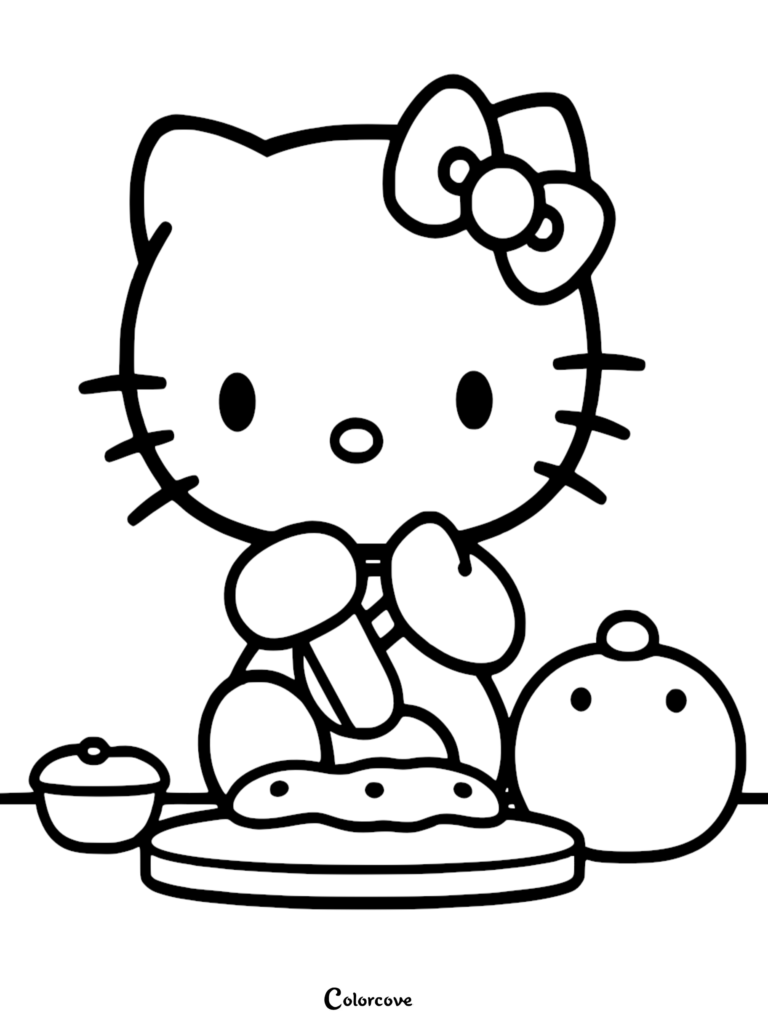 Hello Kitty rolling dough on a board with a small bowl and round cookie nearby in this printable coloring page.