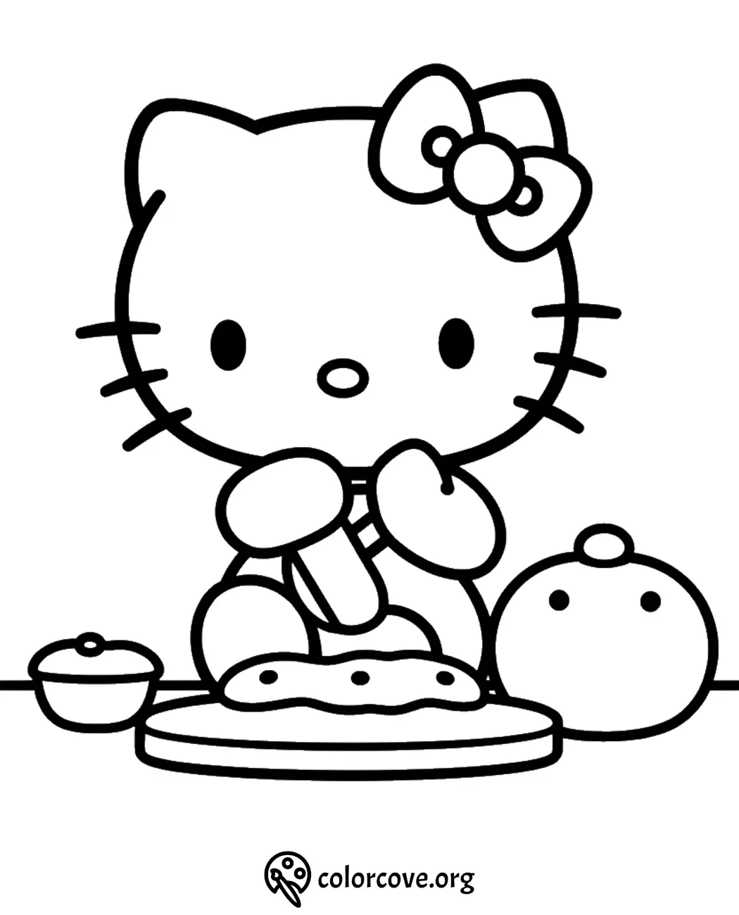 Cute cartoon cat with bow making food on a coloring page, simple line art for kids to color.