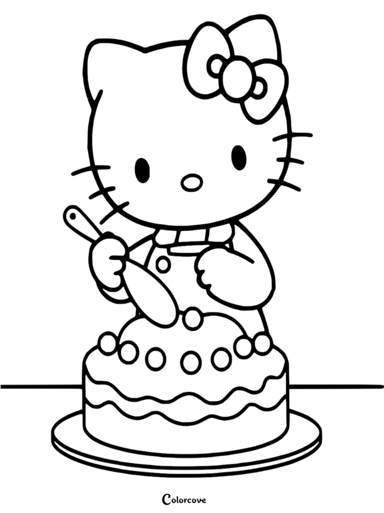 Hello Kitty wearing an apron and holding a spatula while decorating a round cake in this free printable coloring page.