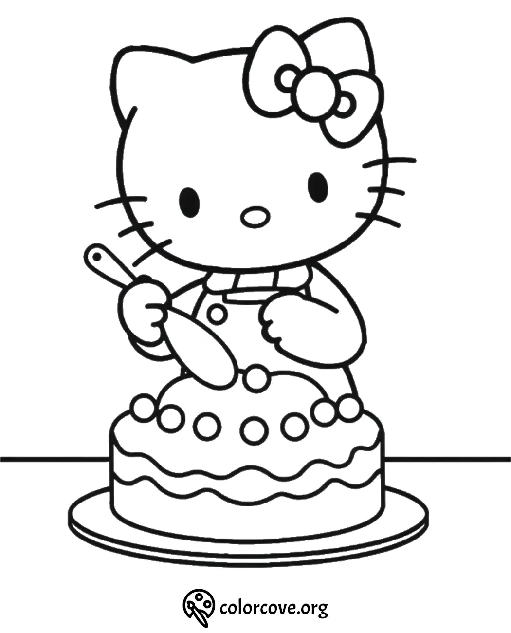 Adorable cat character decorating a cake coloring page for kids.