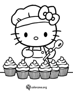 Cute cartoon chef with cupcakes coloring page.