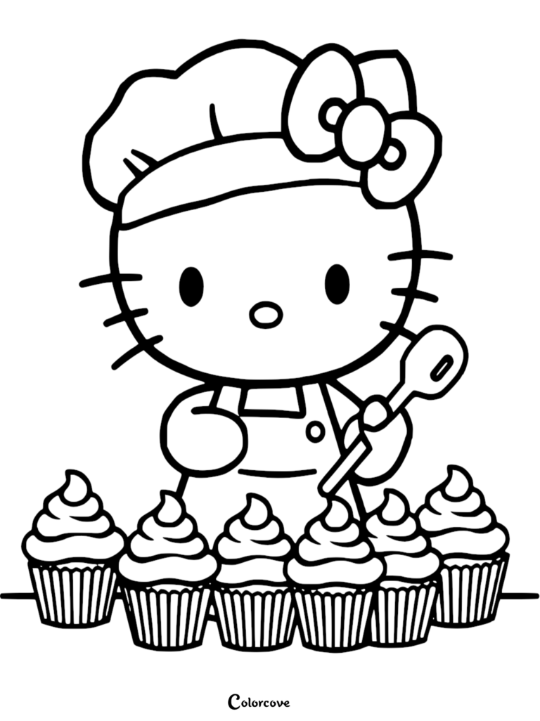 Hello Kitty wearing a chef hat and apron holding a wooden spoon while baking a row of cupcakes in this printable coloring page.