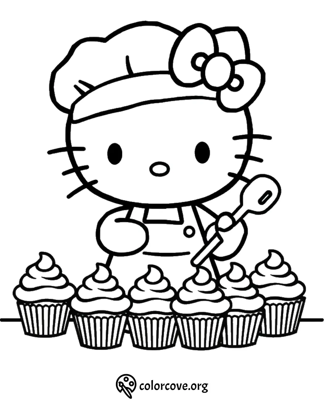 Cute cartoon chef with cupcakes coloring page.