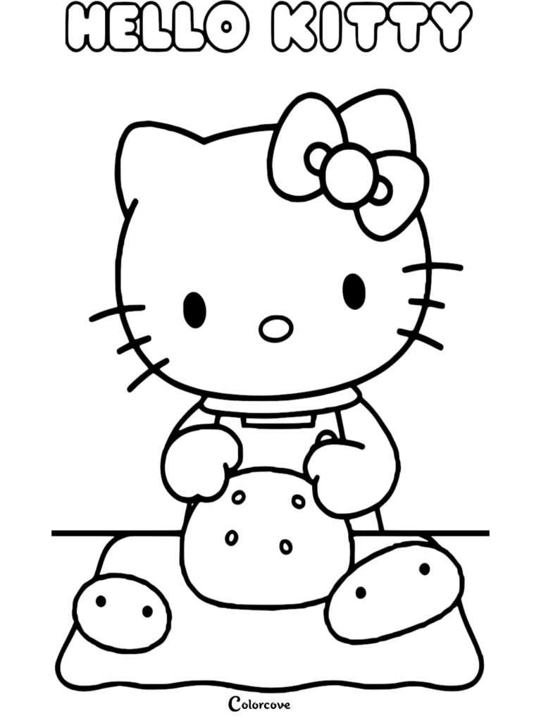 Hello Kitty wearing an apron while kneading dough on a table, printable coloring page.