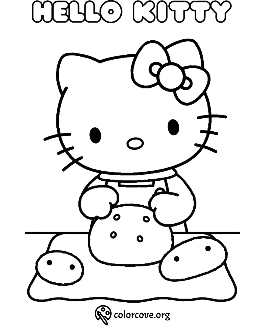 Hello Kitty coloring page featuring her with a cookie and bow. Ideal for kids' creative activities.