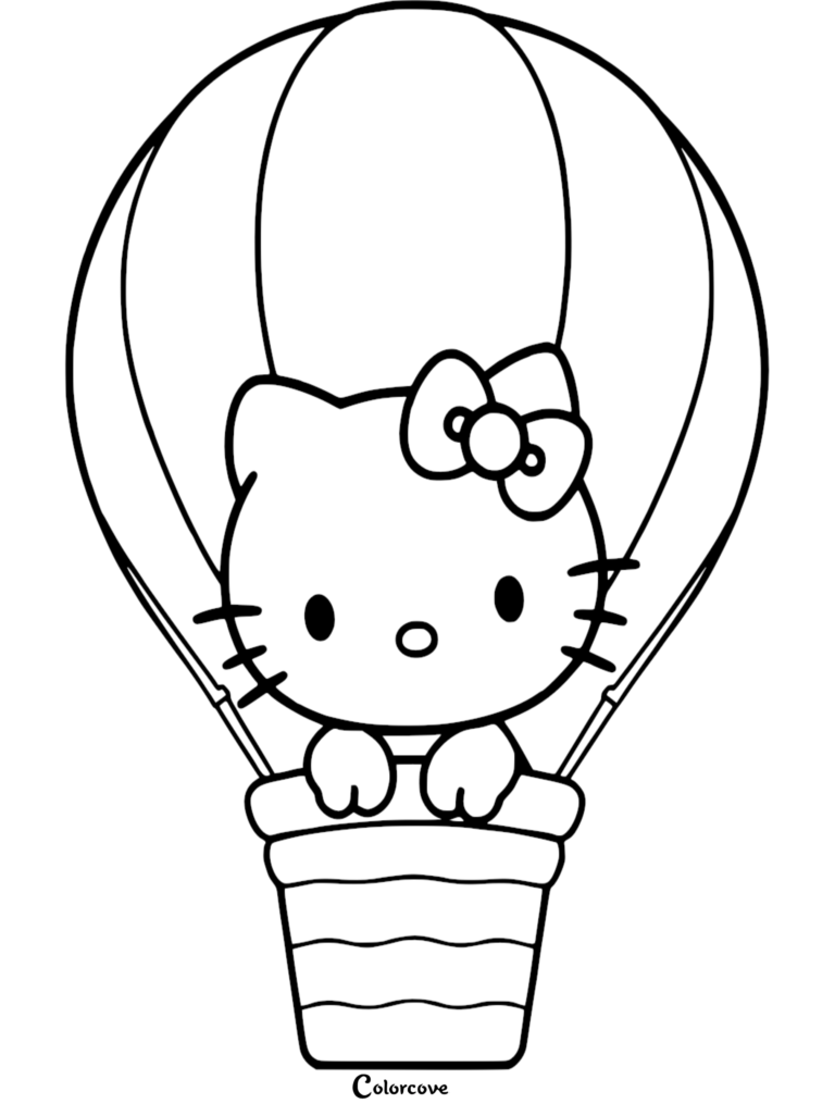 Hello Kitty riding in a striped hot air balloon basket, printable coloring page.