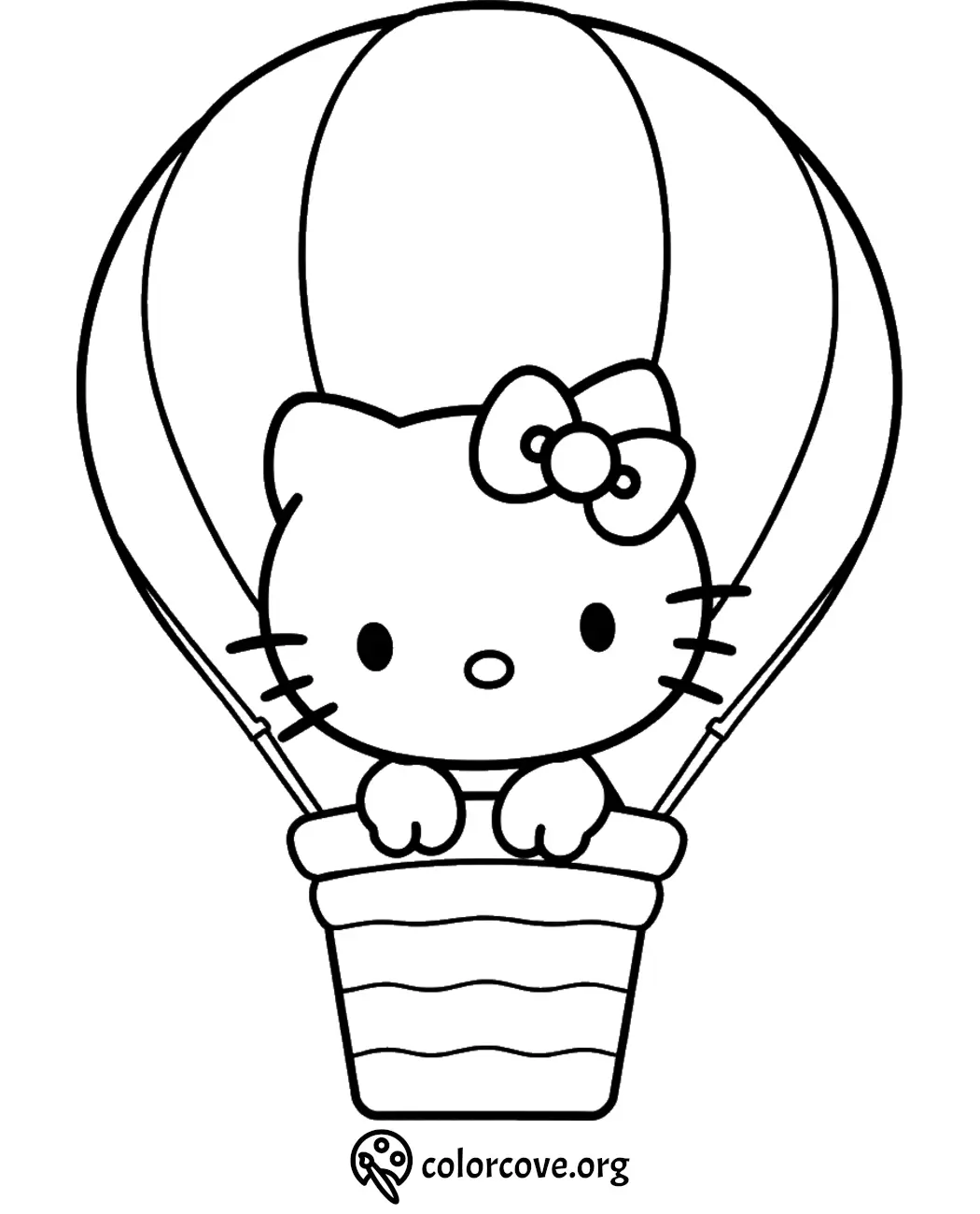 Cute cat in a hot air balloon coloring page for kids, free printable from colorcove.org.