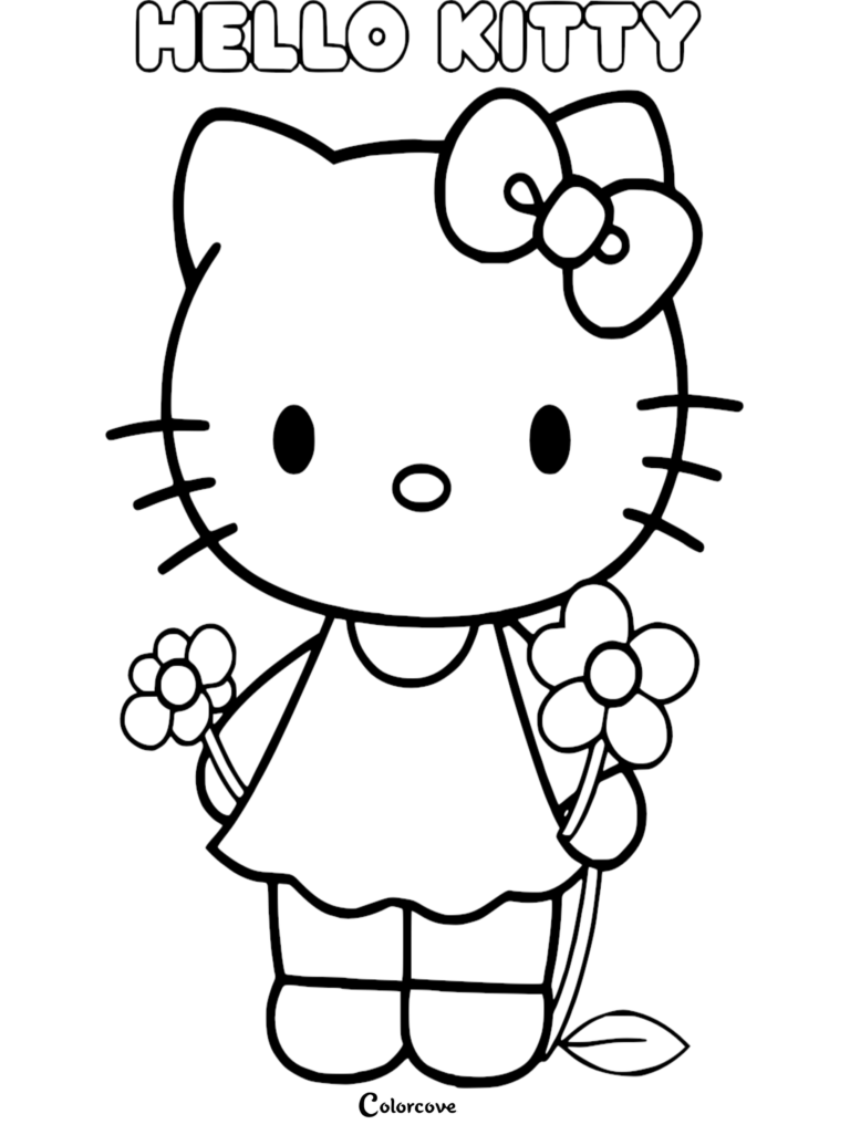 Hello Kitty holding two small flowers in this free printable coloring page.