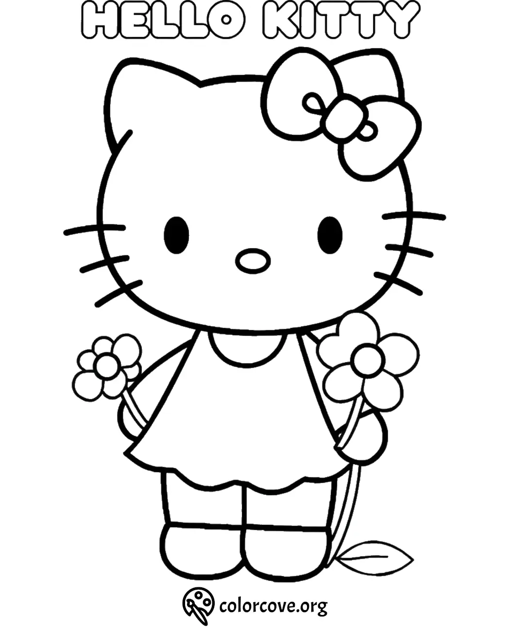 Cute cartoon cat coloring page with flowers, wearing a bow, perfect for kids' creative fun and art activities.