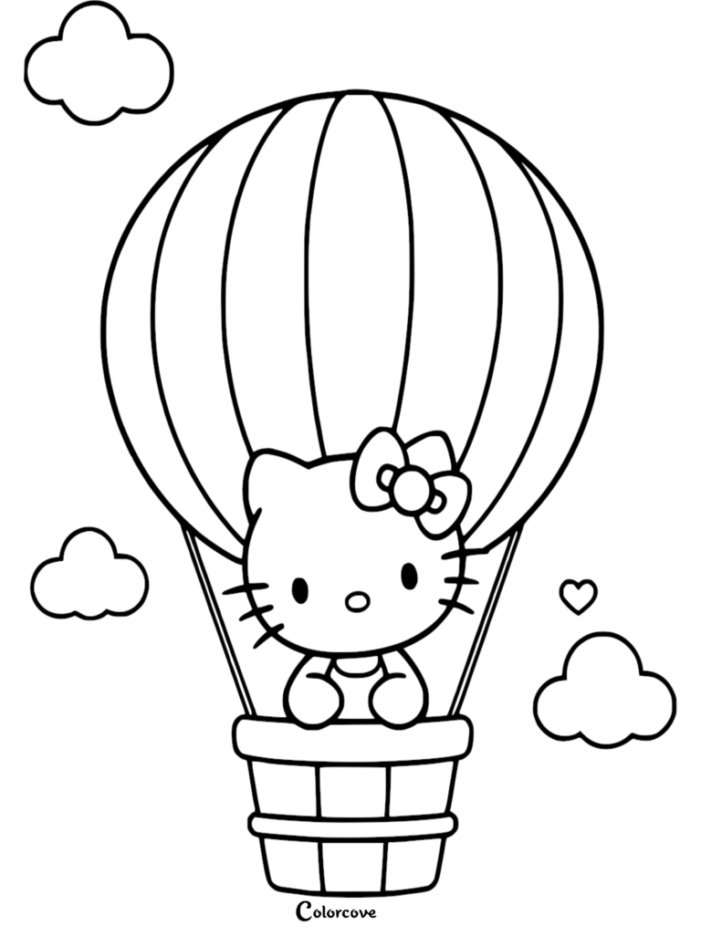 Hello Kitty riding in a striped hot air balloon surrounded by clouds, printable coloring page.