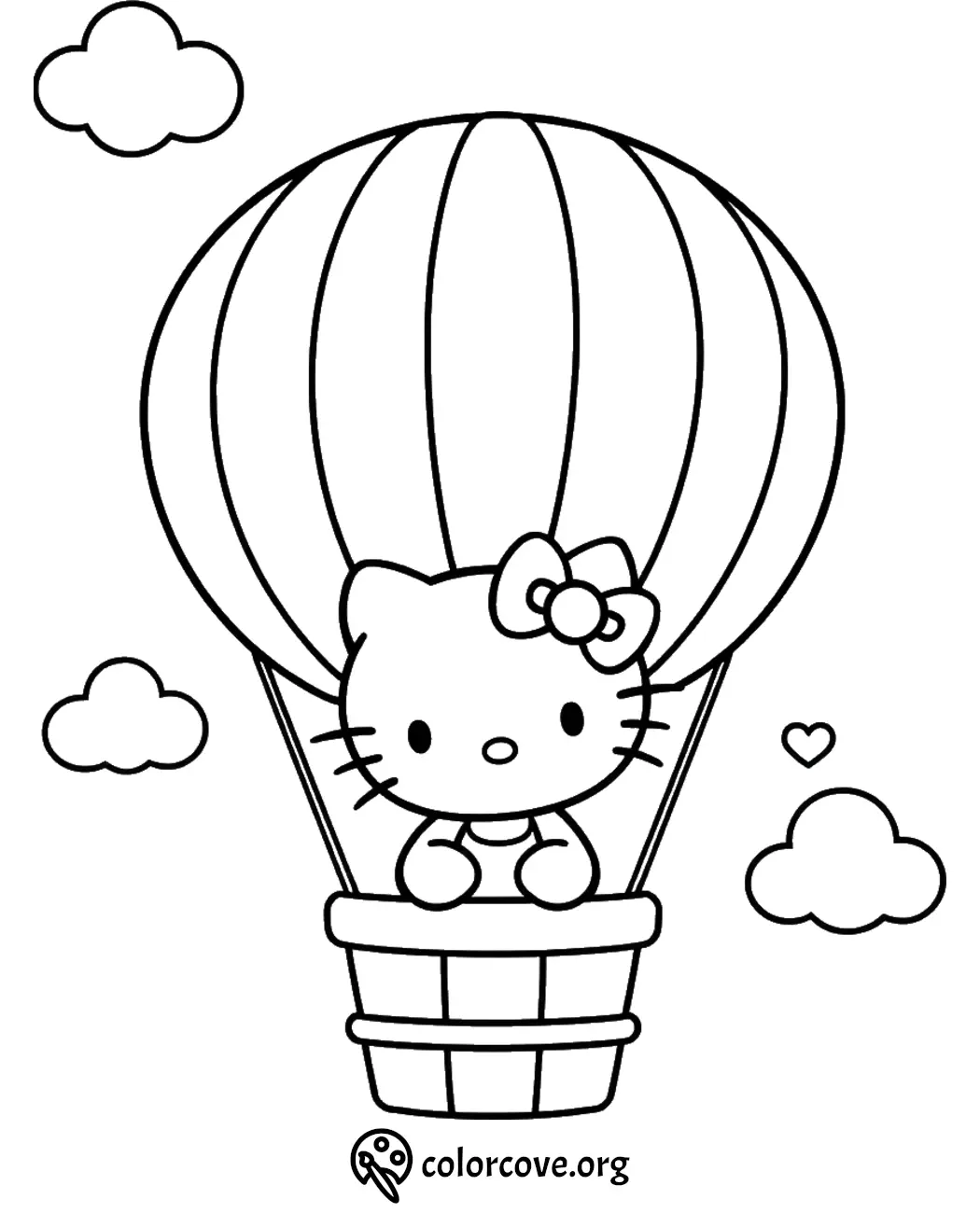 Cute cat character in a hot air balloon coloring page with clouds and a heart. Perfect for kids' creative fun.